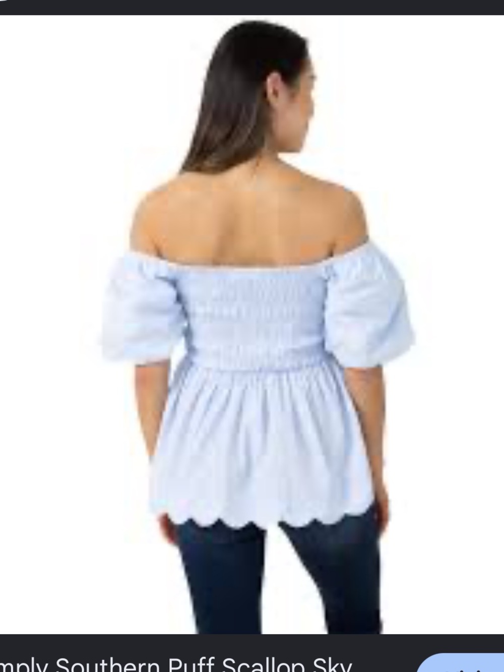 Simply southern puff sleeve scallop hem sky blue off the shoulder blouse womens